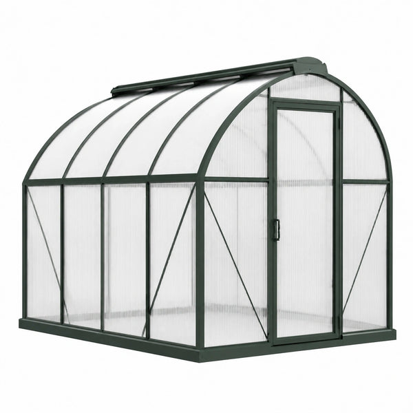Serre de jardin Faverino en aluminium vert, 244x190x195 cm avec panneaux en polycarbonate et lucarne.