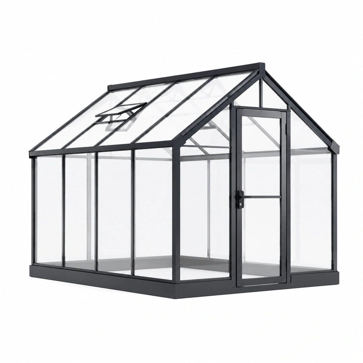Serre de jardin en aluminium noir Faverino, 190x190x195 cm, avec panneaux transparents et lucarne pour culture en extérieur.