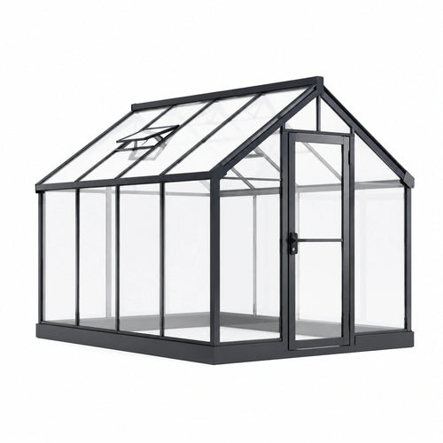 Serre de jardin en aluminium noir Faverino, 190x190x195 cm, avec panneaux transparents et lucarne pour culture en extérieur.