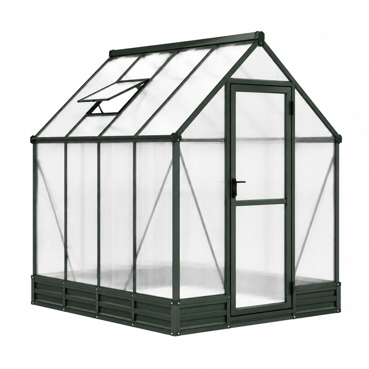 Serre de jardin Faverino en aluminium vert foncé, 190x190x195 cm avec panneaux translucides et lucarne.