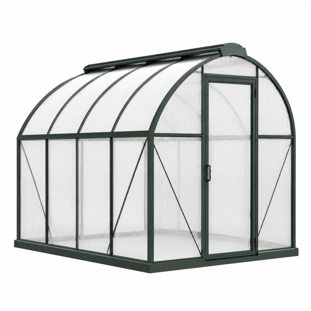 Serre de jardin Faverino en aluminium vert, 244x190x195 cm avec panneaux en polycarbonate et lucarne.
