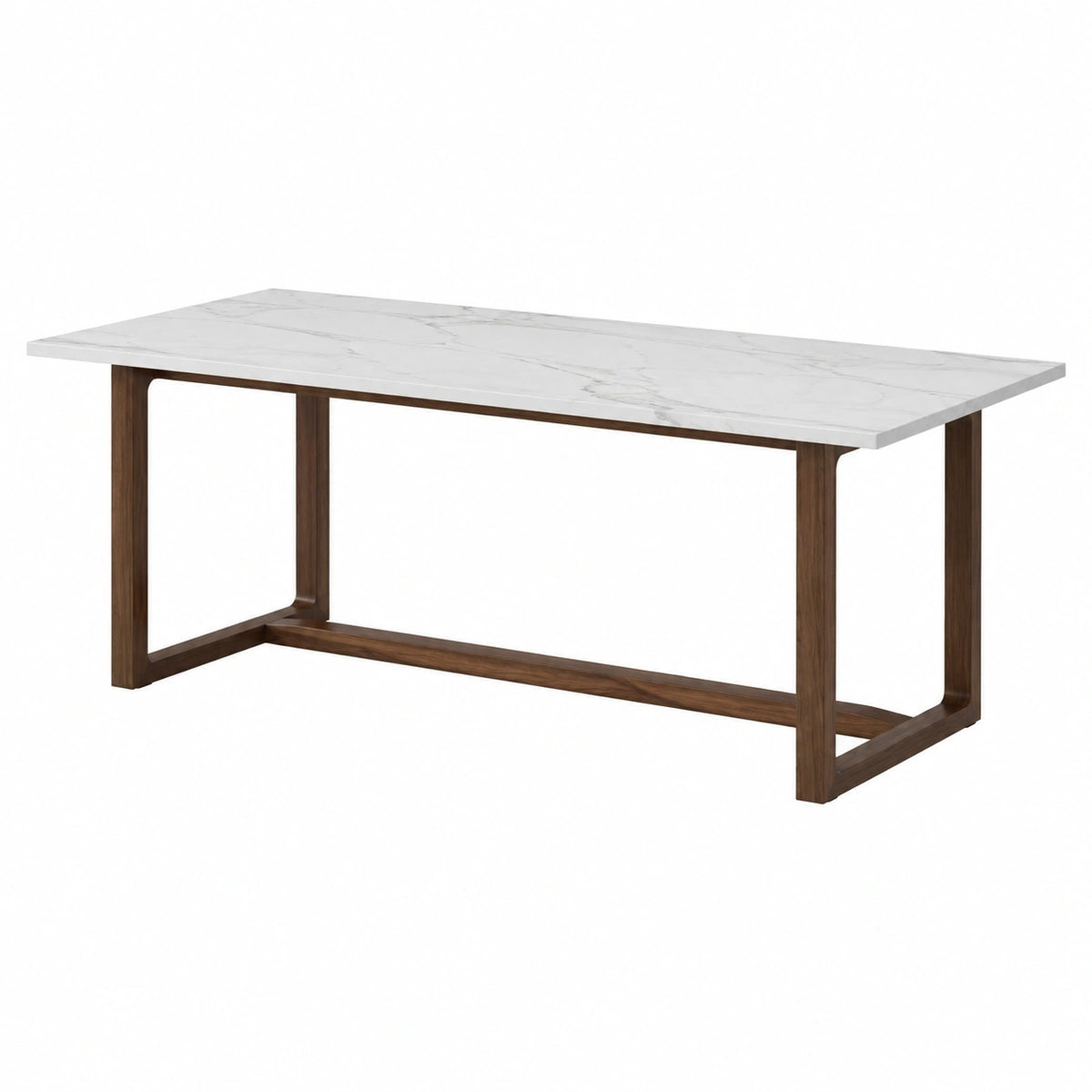 Table à manger Faverino avec plateau effet marbre blanc et piètement en bois brun, style contemporain, dimensions 180 x 90 cm.