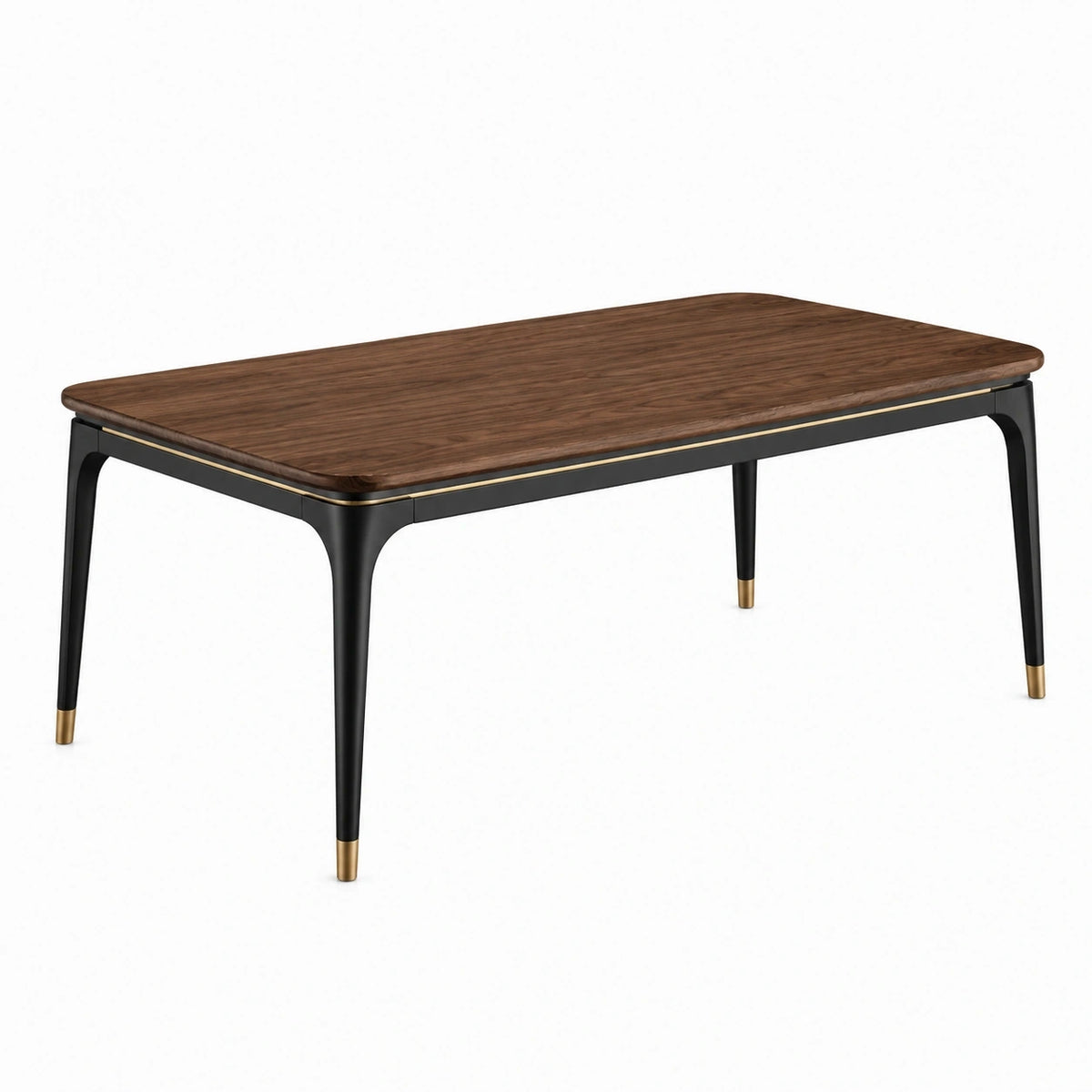 Table à manger Faverino avec plateau effet noyer, pieds en métal noir et doré, style contemporain, dimensions 180 x 90 cm.