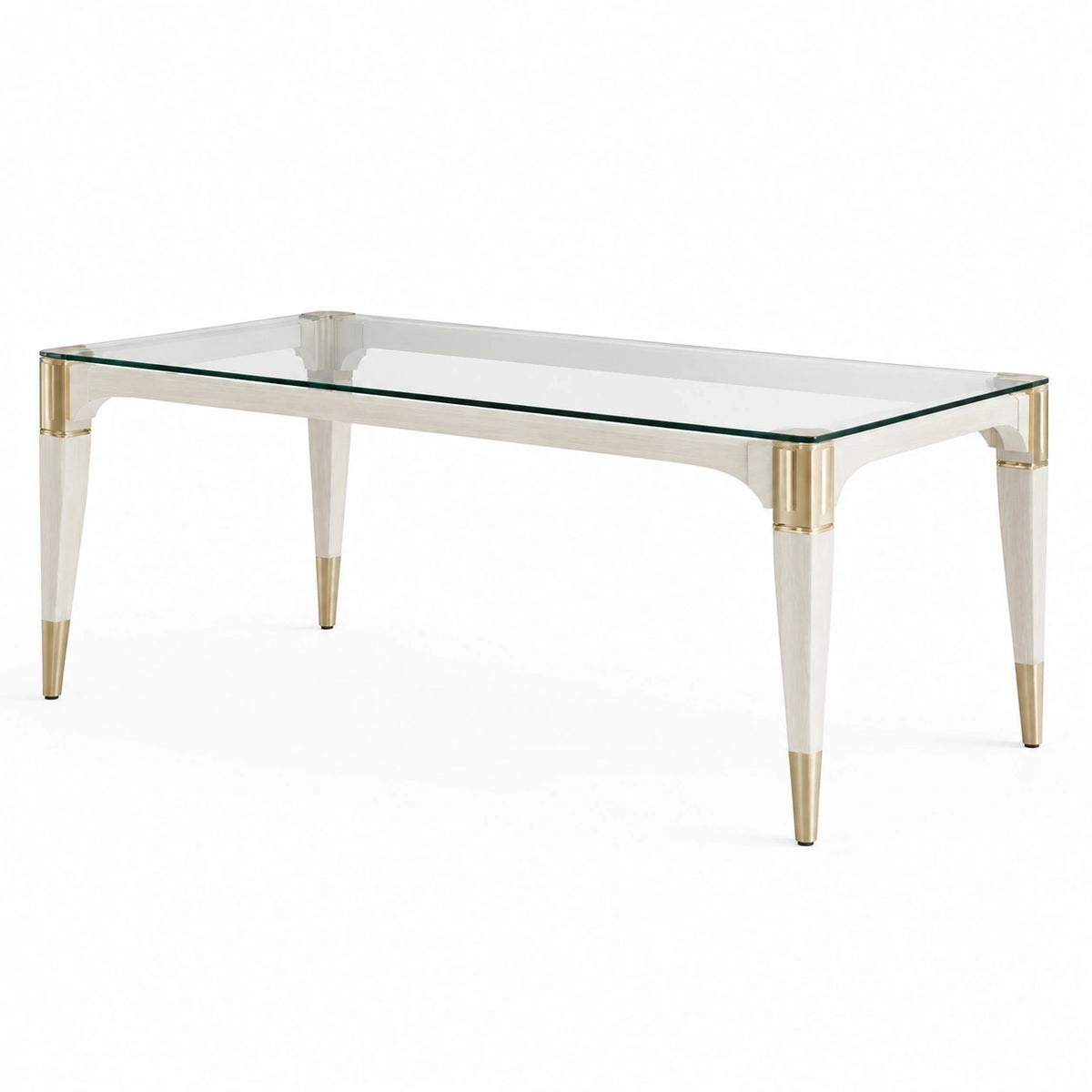 Table à manger contemporaine Faverino, 180x100 cm en verre et bois blanc avec détails dorés, design élégant et moderne.