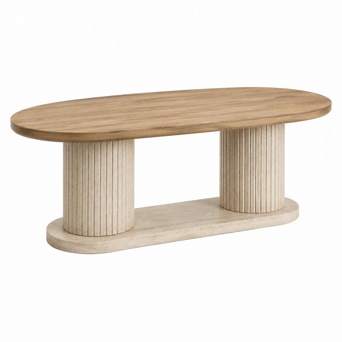 Table à manger ovale Faverino en bois beige de 180 cm avec piètement cannelé, style contemporain, visible dans l'image.