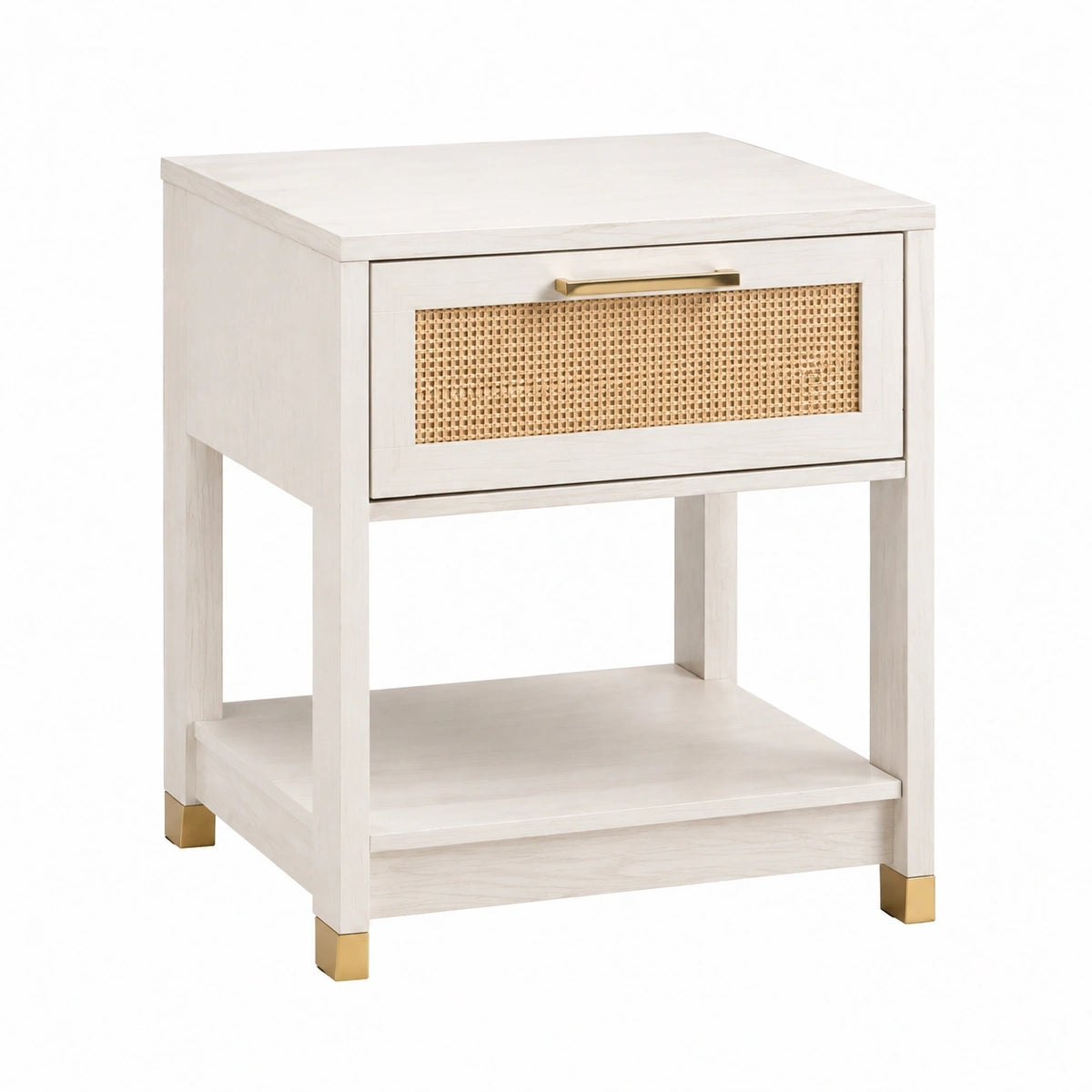 Table de chevet bois blanc et rotin naturel Faverino, 50x40x65 cm avec tiroir, style bohème, design élégant et fonctionnel.