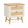 Table de chevet Faverino en bois blanc et naturel, 60x40x65 cm, avec 2 tiroirs en cannage style scandinave