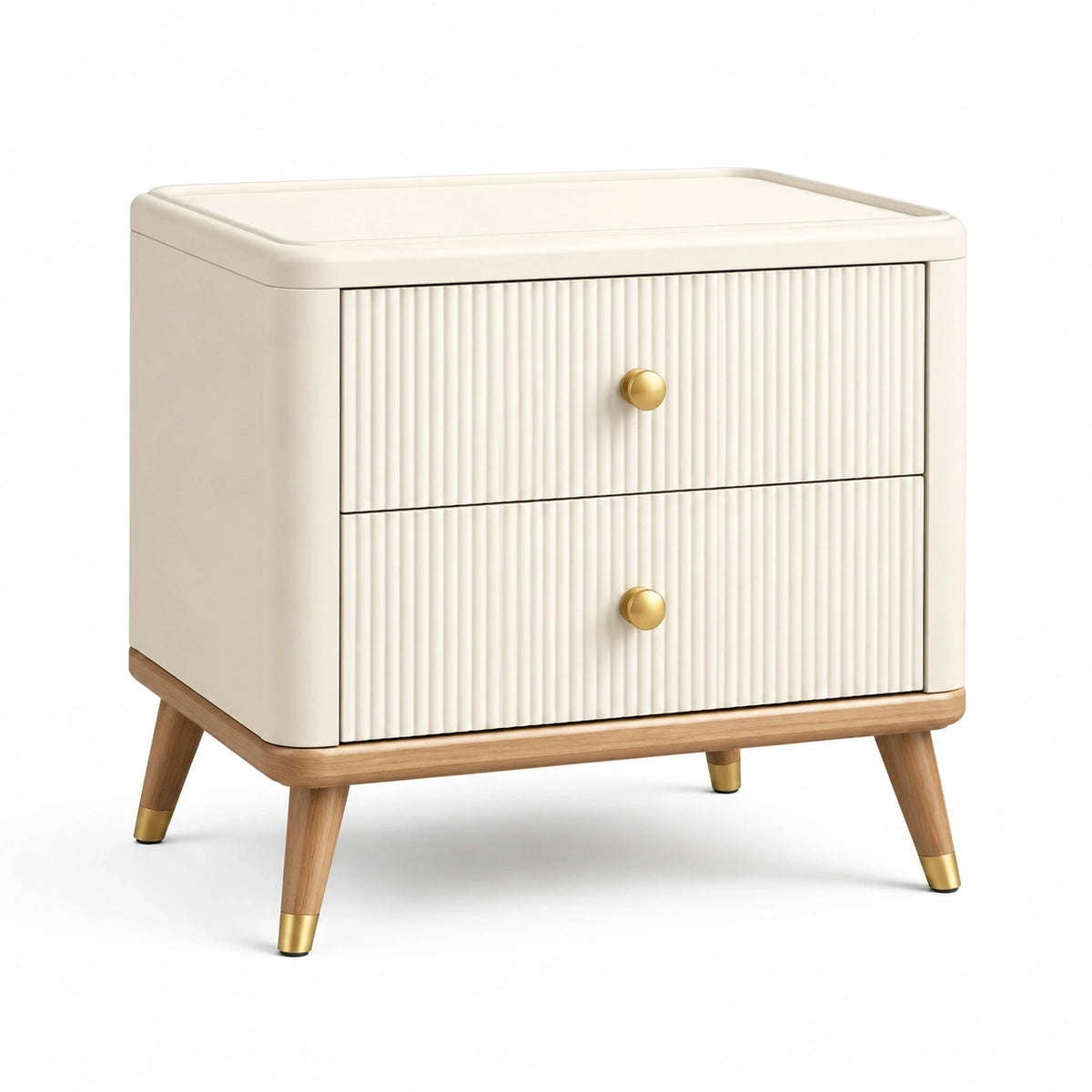 Table de chevet en bois ivoire Faverino, moderne, 50x40x55 cm avec 2 tiroirs pour rangement élégant.