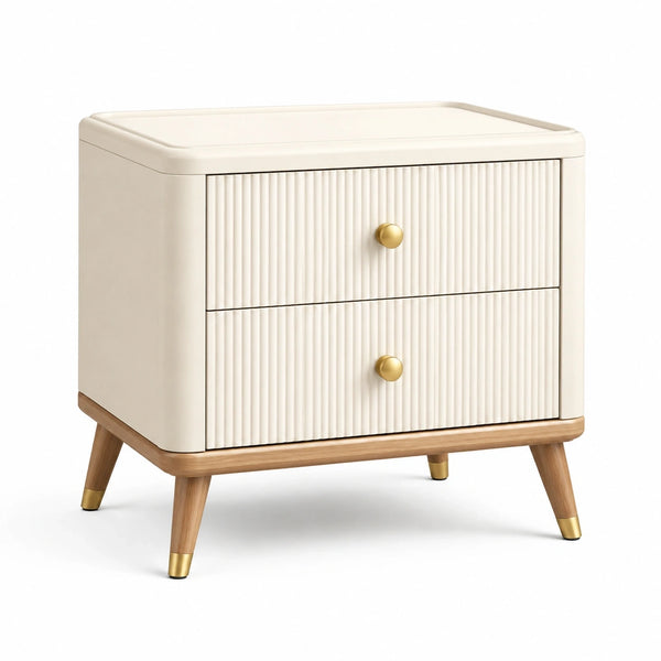 Table de chevet en bois ivoire Faverino, moderne, 50x40x55 cm avec 2 tiroirs pour rangement élégant.