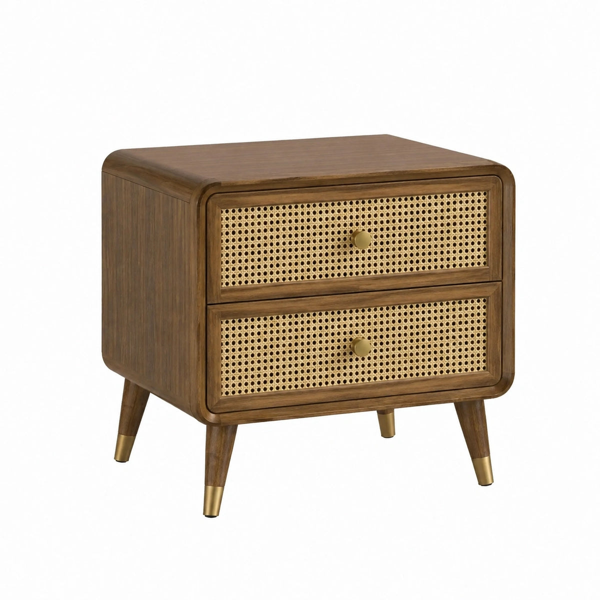 Table de chevet en bois marron avec cannage, 50x40x55 cm, style rétro, avec 2 tiroirs, par Faverino.