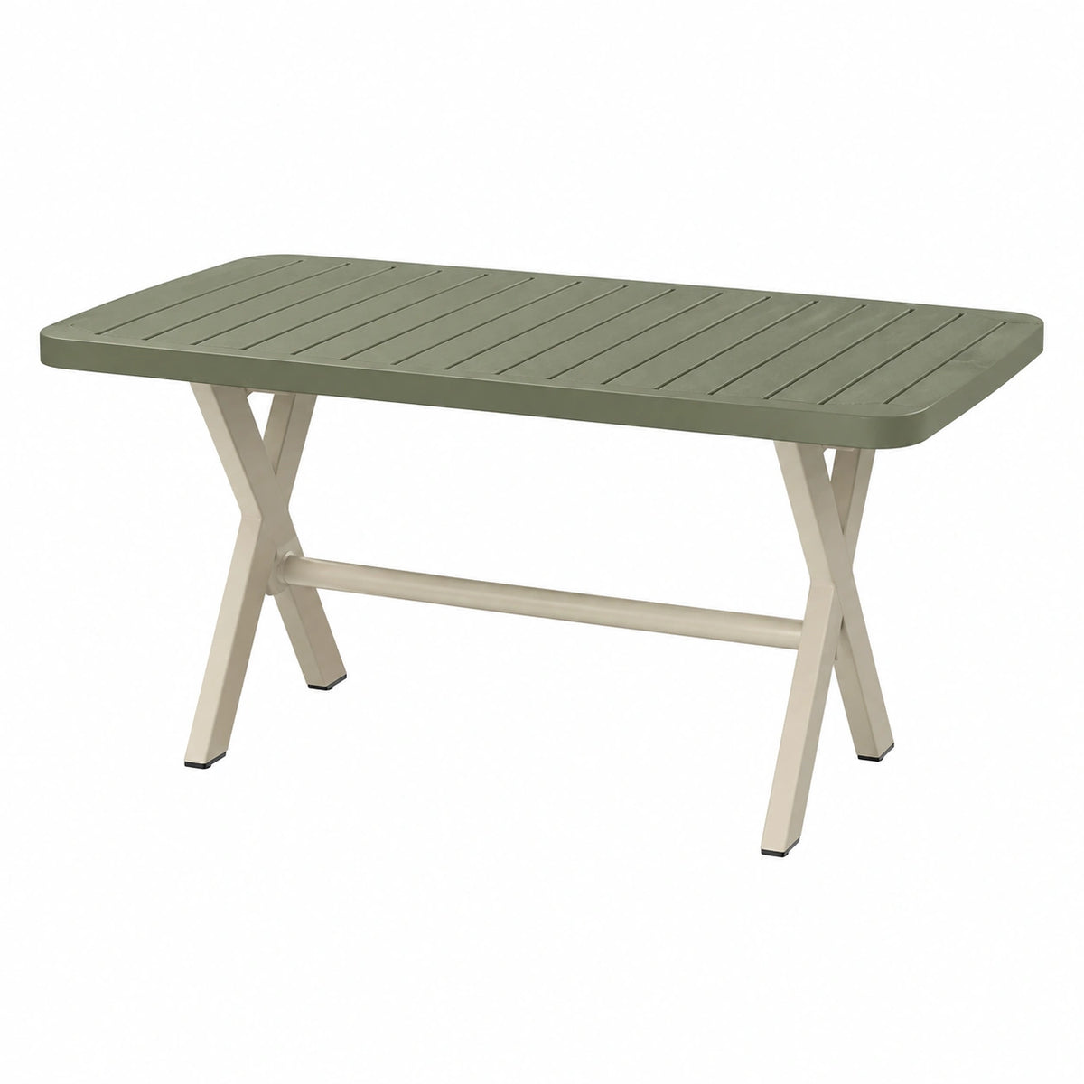 Table de jardin Faverino en plastique vert, 120x70x74 cm avec pieds métalliques, style contemporain, convient pour extérieur