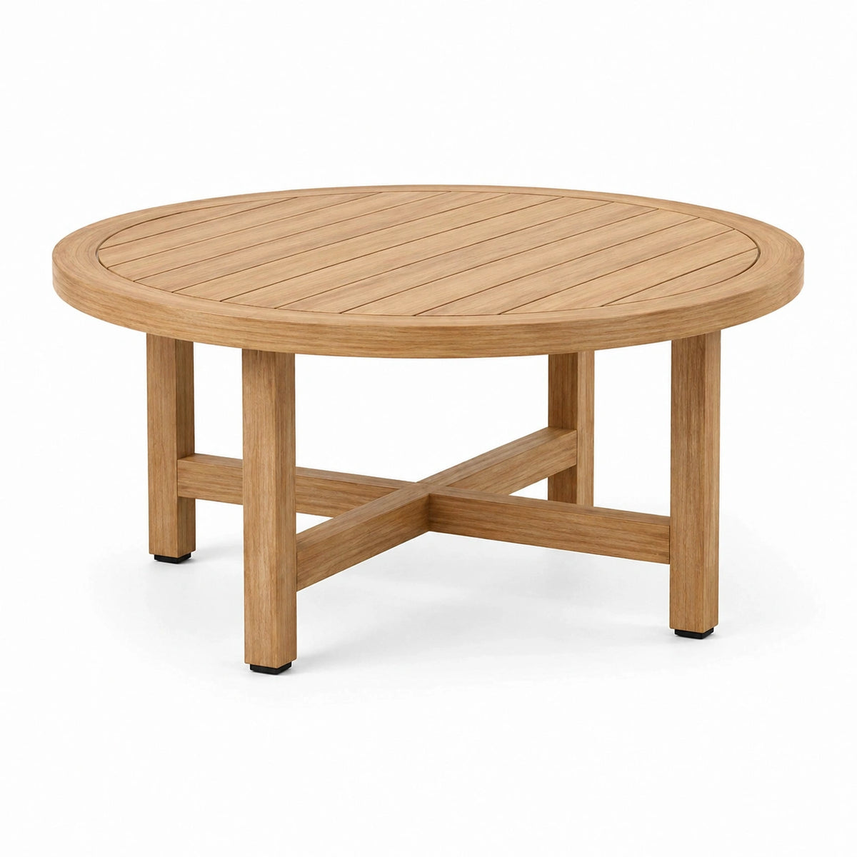 Table de jardin ronde en bois naturel de 120 cm, style contemporain, conçue par Faverino, pour espace extérieur élégant.