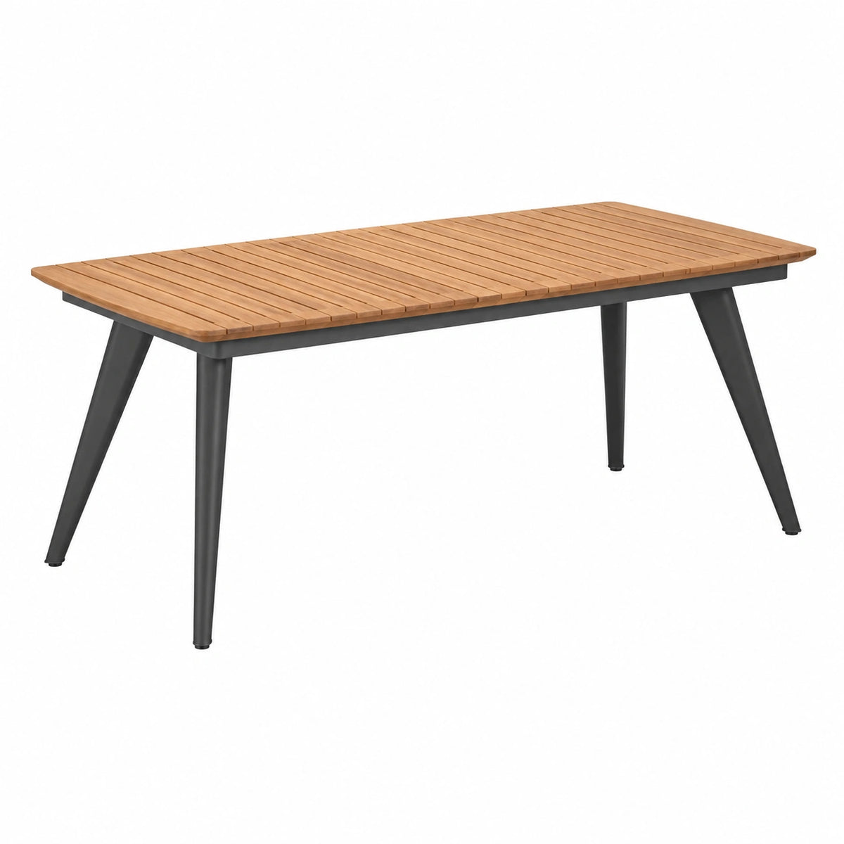 Table de jardin Faverino en bois et métal marron noir, style contemporain, dimensions 200 x 100 x 75 cm visible en image.