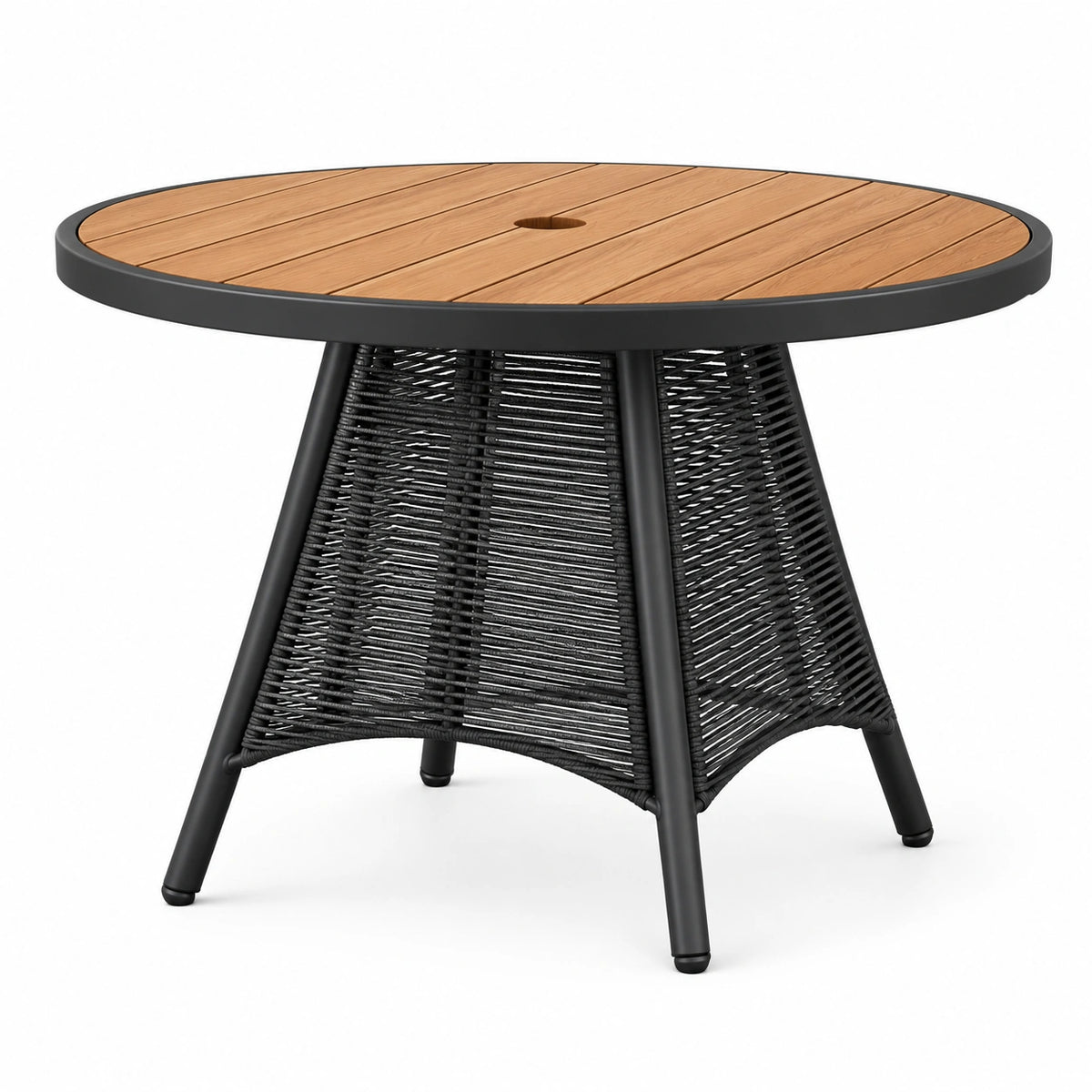 Table de jardin ronde en bois naturel noir de 100 cm avec plateau à lattes et trou pour parasol, par Faverino.