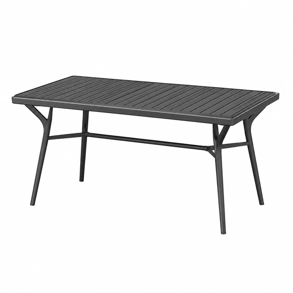 Table de jardin Faverino en aluminium noir, rectangulaire avec lattes, dimensions 150x90x74 cm, idéale pour l'extérieur.