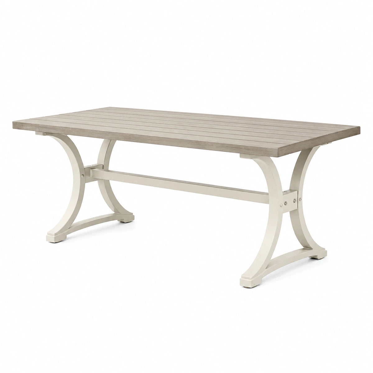 Table de jardin rectangulaire Faverino en bois gris clair avec structure en métal blanc, style classique, dimensions 200x100x75 cm