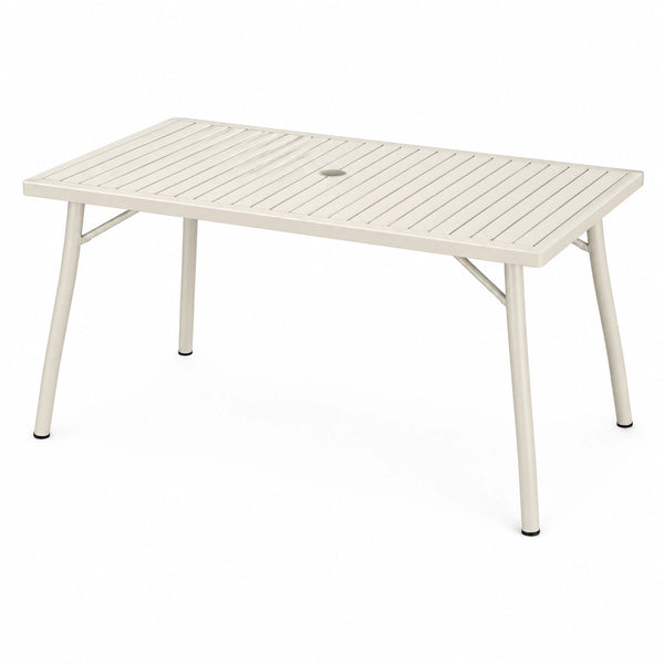 Table de jardin en aluminium blanc Faverino, table de 160x90x75 cm avec lattes et trou pour parasol, adaptée aux espaces extérieurs.
