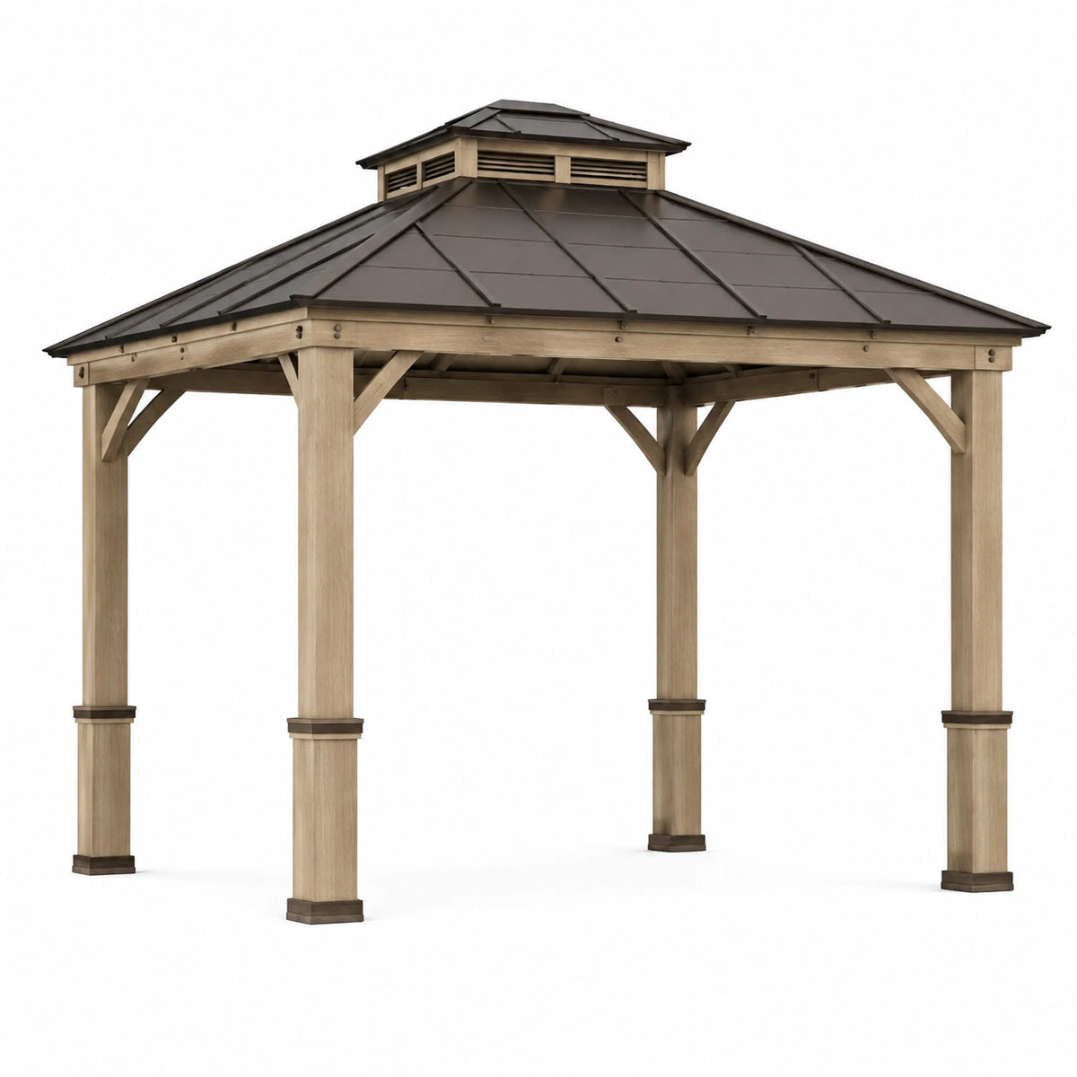 Tonnelle de jardin Faverino en bois beige avec toit en métal marron ventilé, dimensions 365x365x330 cm.