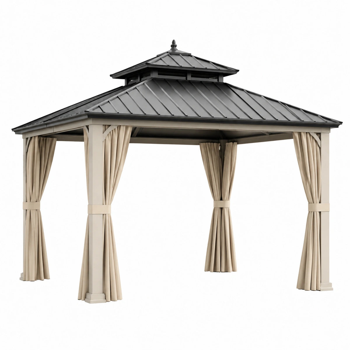 Tonnelle de jardin Faverino en métal beige anthracite, 300x300x300 cm avec toit rigide et rideaux.