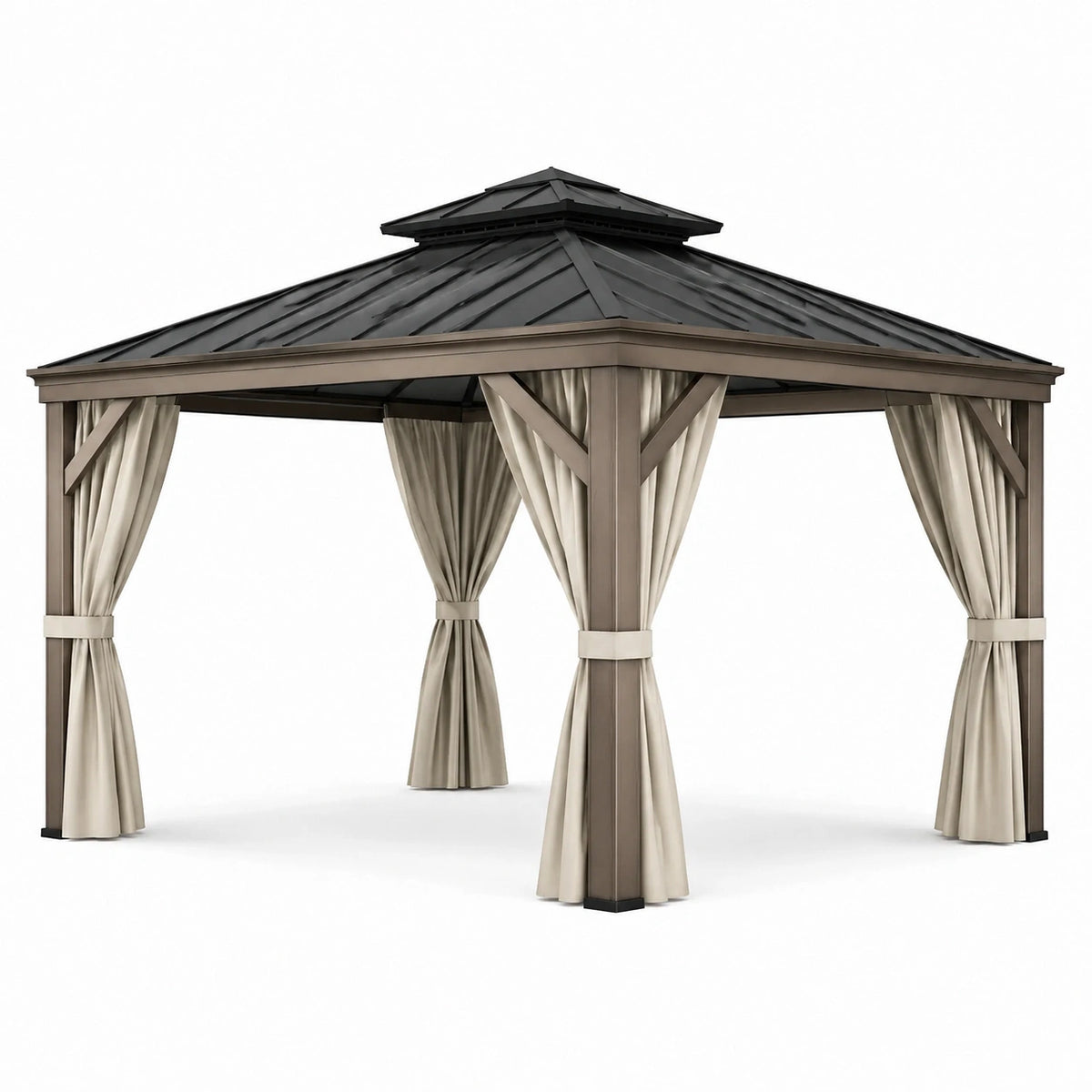 Tonnelle de jardin Faverino en métal brun 300x300 cm avec rideaux classiques pour espace extérieur élégant.