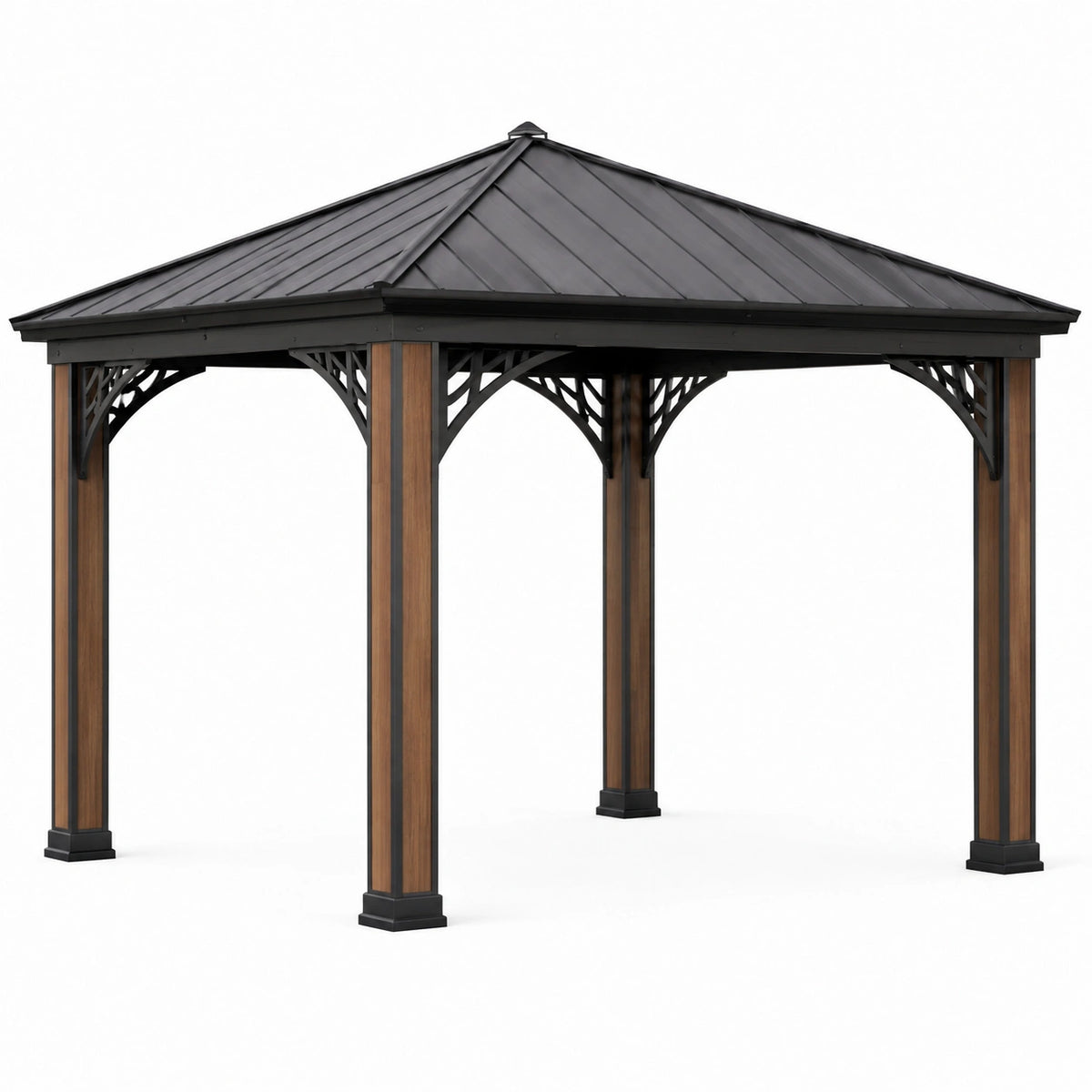 Tonnelle de jardin Faverino en acier noir et brun, 300 x 300 x 290 cm, avec toit pyramidal pour espace extérieur.