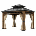 Tonnelle de jardin Faverino, pavillon en bois marron 300x300x300 cm avec toit métallique et rideaux style classique.