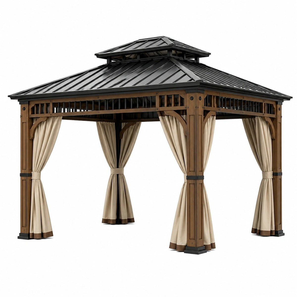 Tonnelle de jardin Faverino, pavillon en bois marron 300x300x300 cm avec toit métallique et rideaux style classique.