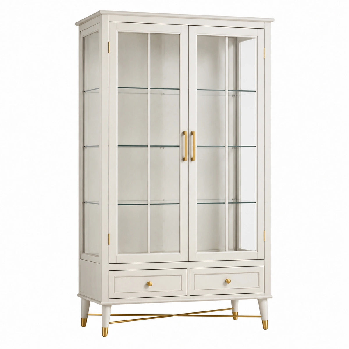 Vitrine Faverino en bois blanc et verre de 100x40x180 cm avec tiroirs, style contemporain dans une pièce moderne.