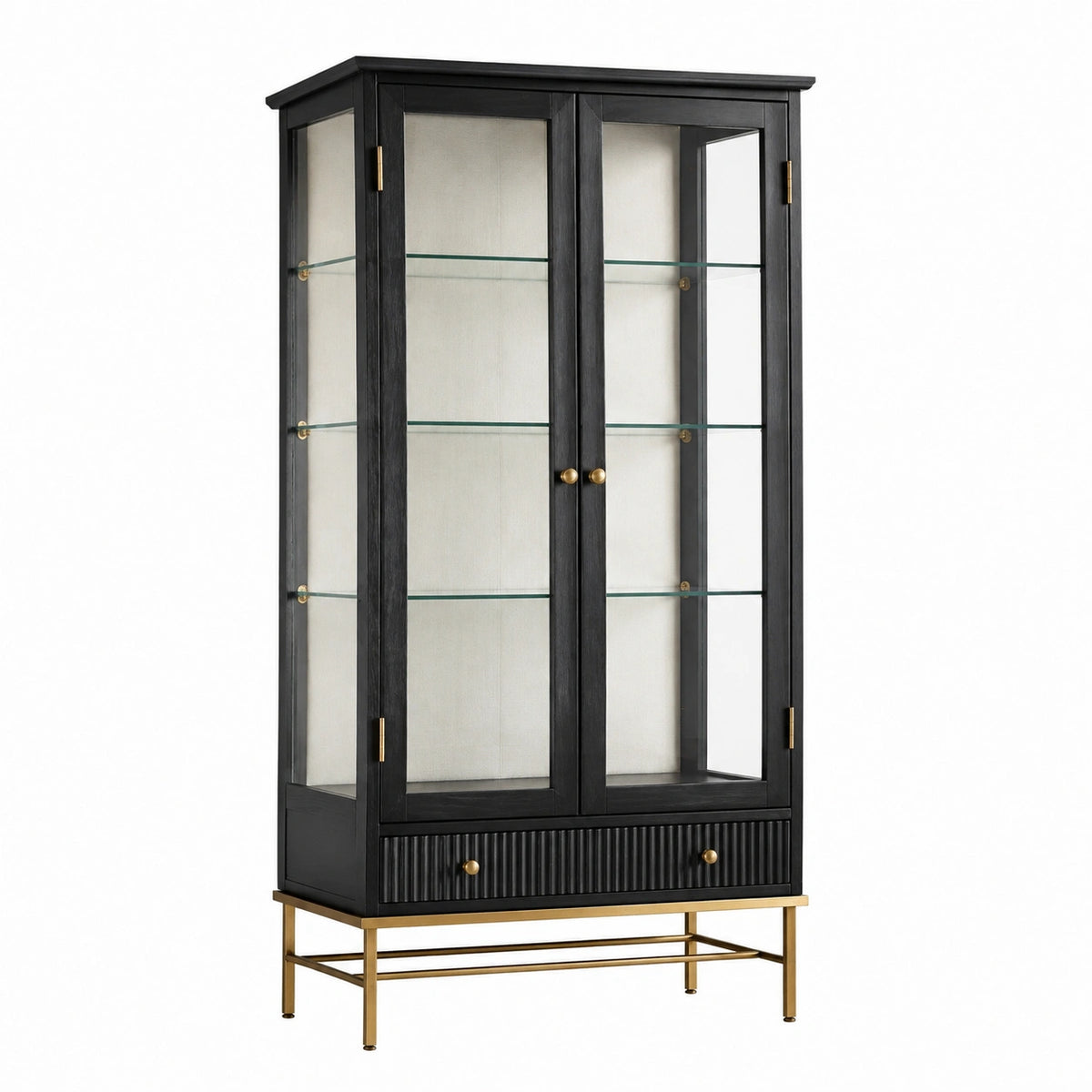 Vitrine Faverino en bois et verre noir doré, 100x40x180 cm, avec tiroir, style contemporain, meuble élégant pour salon.