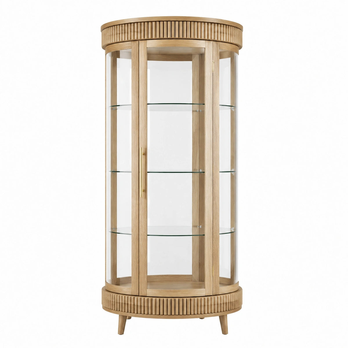Vitrine ronde Faverino en bois naturel et verre, diamètre 80 cm, hauteur 190 cm, avec étagères, style contemporain.