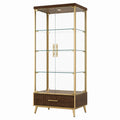 Vitrine Faverino en verre avec cadre en bois brun et métal doré, tiroir, style contemporain, dimensions 90x45x180 cm