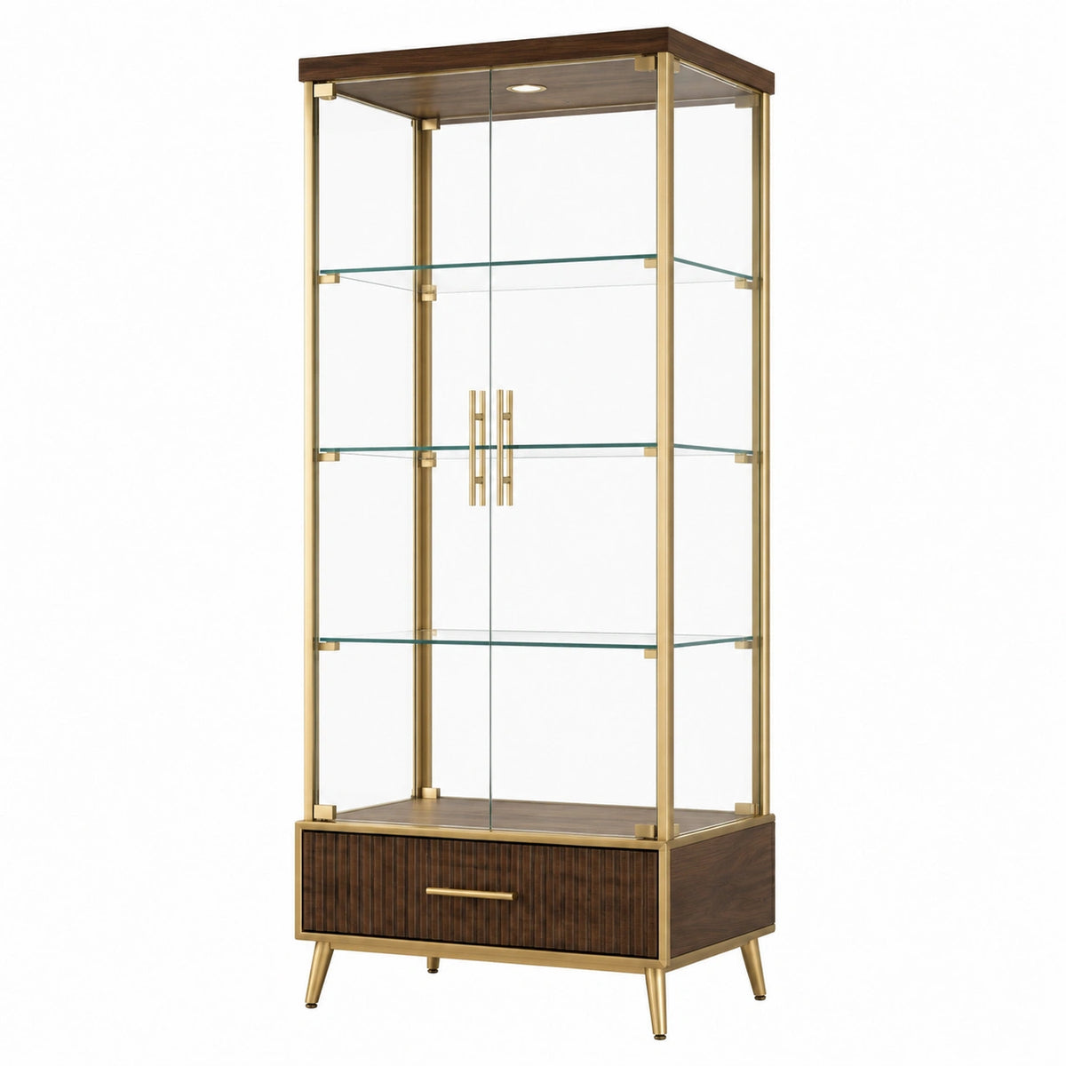 Vitrine Faverino en verre avec cadre en bois brun et métal doré, tiroir, style contemporain, dimensions 90x45x180 cm
